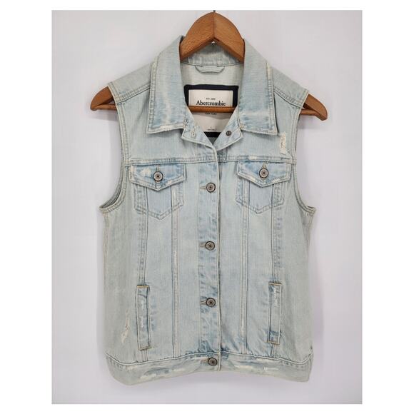 Abercrombie & Fitch Light Wash Distressed Denim Vest Women's Size Large - Picture 6 of 7